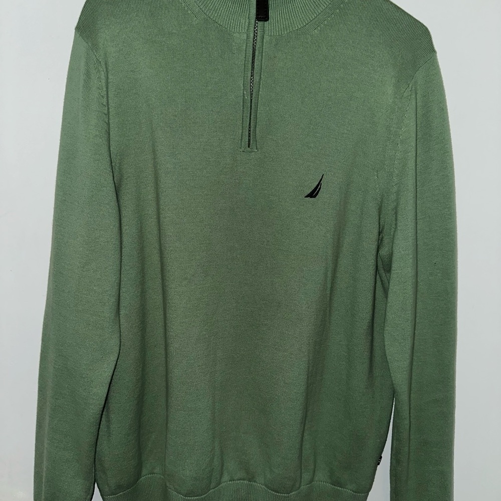 Nautica Olive Green Half Zip Sweater with Embroidered Sail Logo